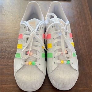 Adidas White Sneakers with Neon Stripes
